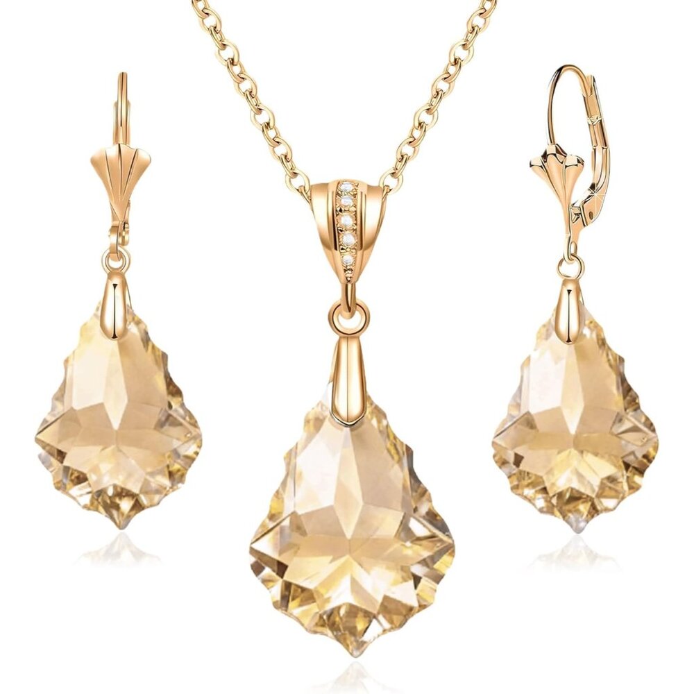 〽️Women Light Topaz Classic Necklace Drop Dangle Earring Gold Plated Jewelry Set